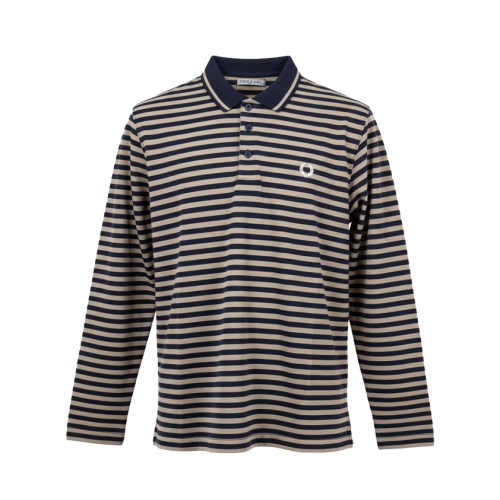 Beige & Navy Full-Sleeve Cotton Striped Polo Shirt